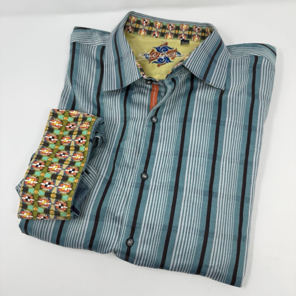 Robert Graham Blue Turquoise Black Striped 3XL LS Shirt Cotton